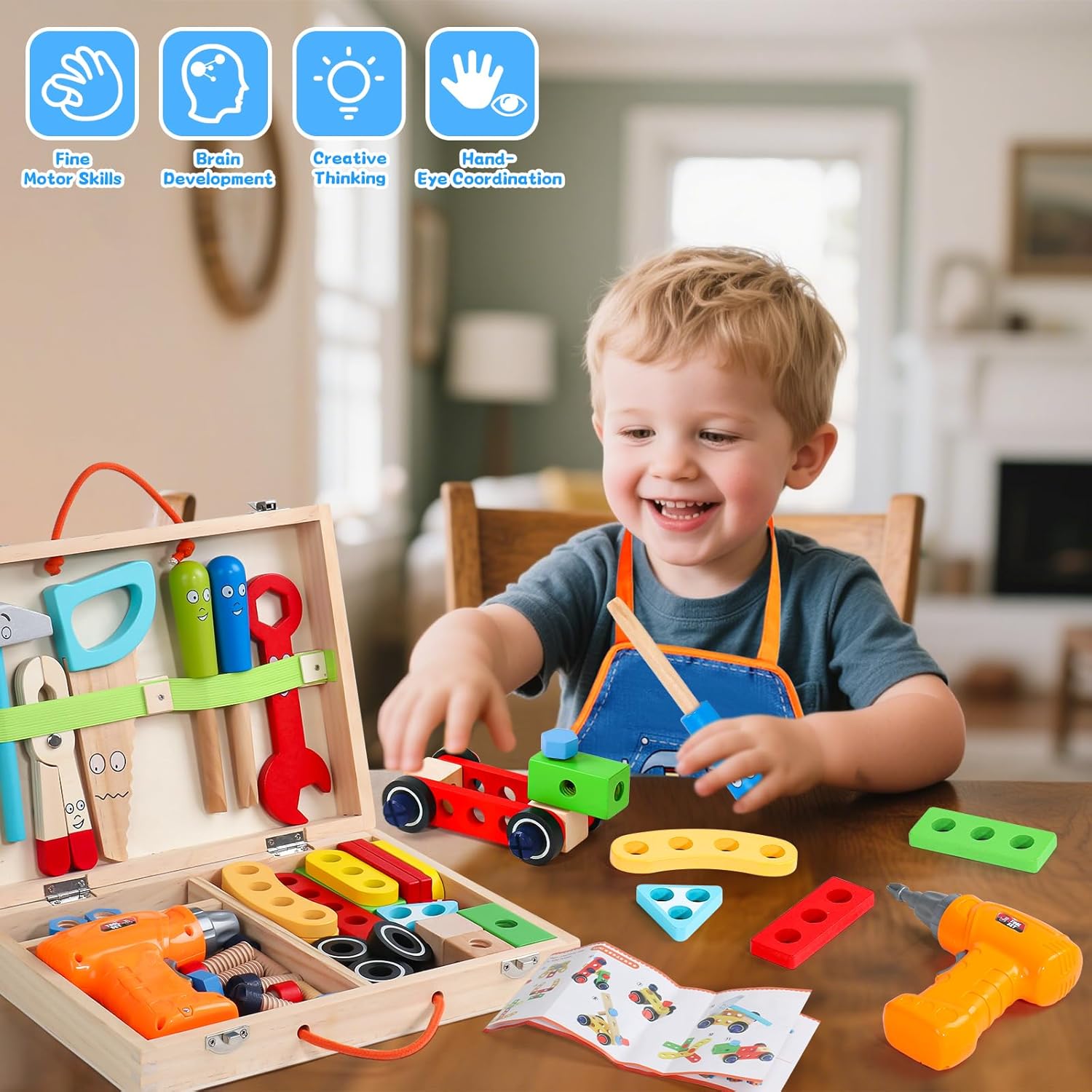 Jouet Enfant 3 Ans - Boite a Outils Enfant Montessori Jeux Enfants 3 Ans avec Perceuse Tablier, 45 Pièces Jouet en Bois Bricolage Jeu de Construction Educatif Cadeau Enfants 3 4 5 Ans Garçon Fille