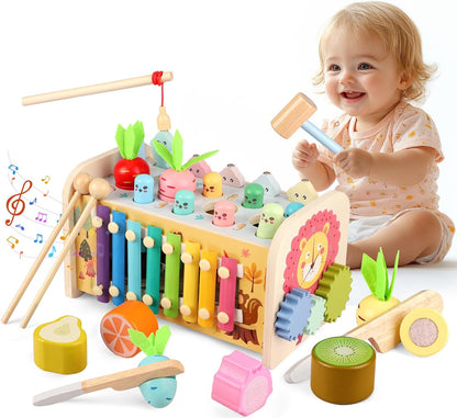 Jouet Bebe Montessori 1 an, 9 en 1 Jeux en Bois Jouet Educatif Enfant 12 Mois 1 2 3 Ans avec Xylophone,Jeu Pêche, Jeu Marteau, Jouet d'activité Cadeau Anniversaire Noël Baby Fille Garcon