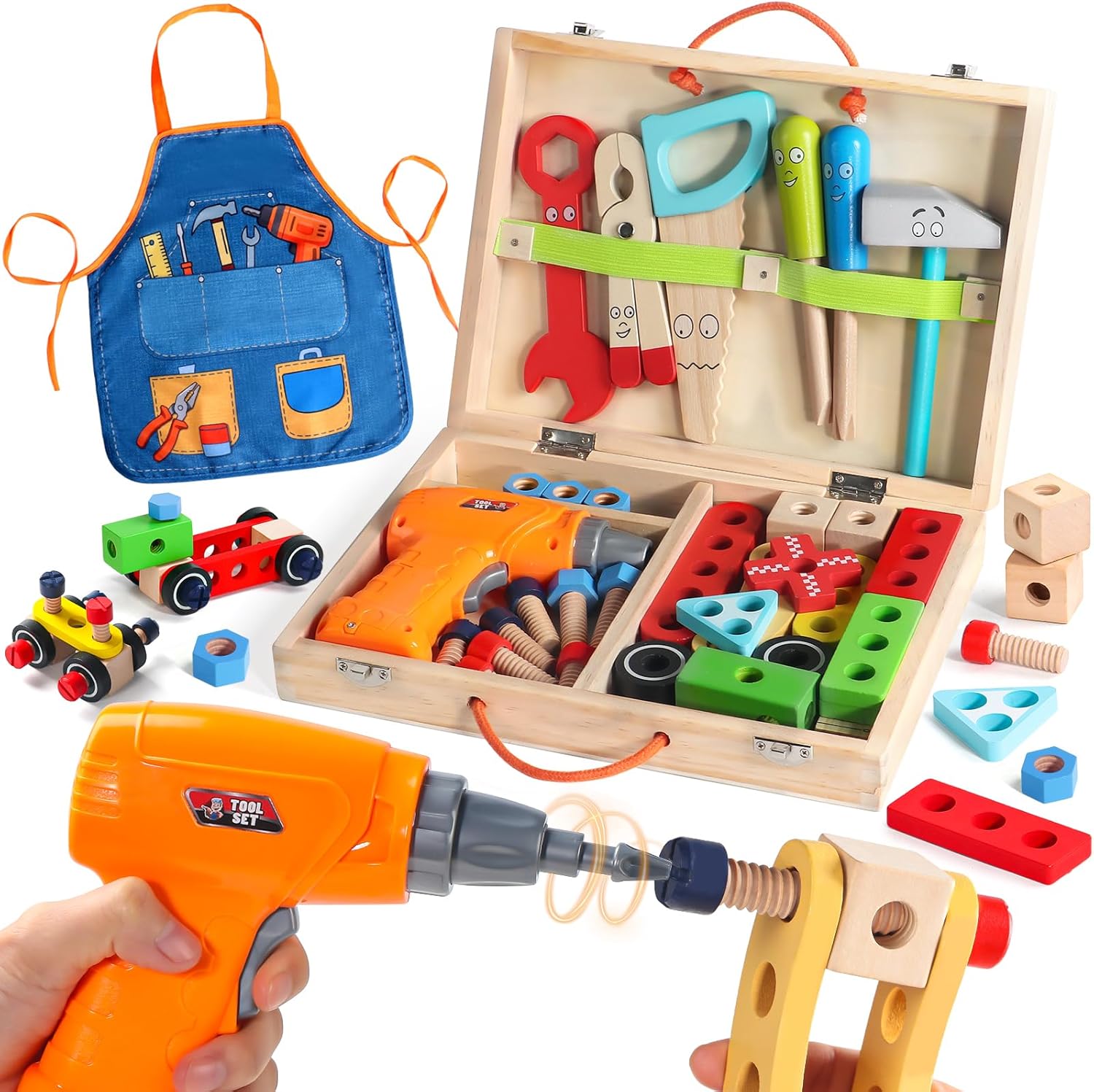 Jouet Enfant 3 Ans - Boite a Outils Enfant Montessori Jeux Enfants 3 Ans avec Perceuse Tablier, 45 Pièces Jouet en Bois Bricolage Jeu de Construction Educatif Cadeau Enfants 3 4 5 Ans Garçon Fille
