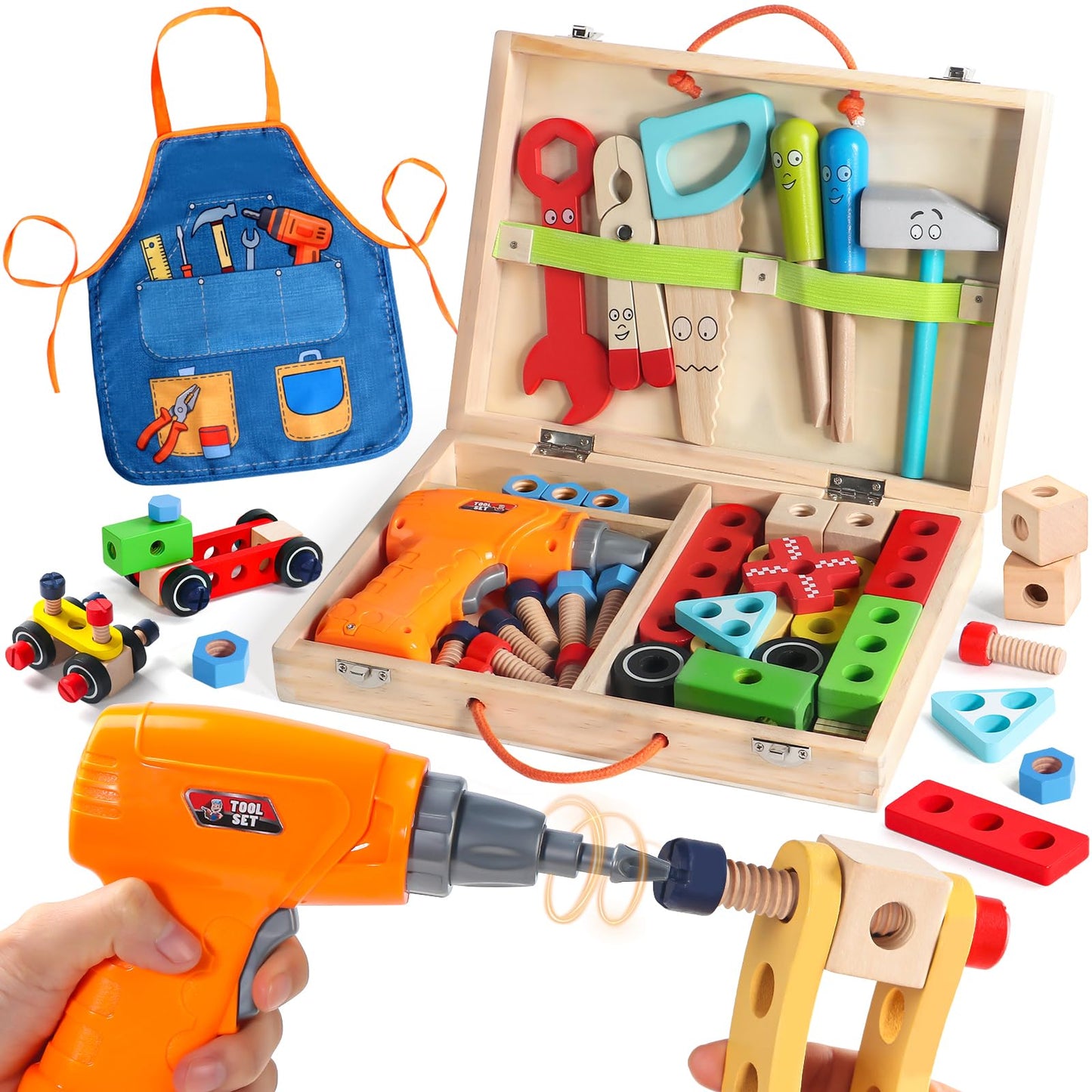 Jouet Enfant 3 Ans - Boite a Outils Enfant Montessori Jeux Enfants 3 Ans avec Perceuse Tablier, 45 Pièces Jouet en Bois Bricolage Jeu de Construction Educatif Cadeau Enfants 3 4 5 Ans Garçon Fille