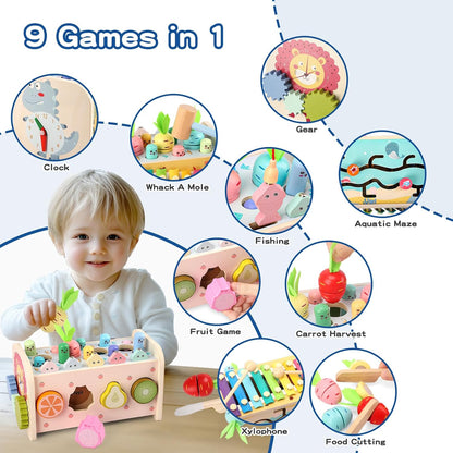 Jouet Bebe Montessori 1 an, 9 en 1 Jeux en Bois Jouet Educatif Enfant 12 Mois 1 2 3 Ans avec Xylophone,Jeu Pêche, Jeu Marteau, Jouet d'activité Cadeau Anniversaire Noël Baby Fille Garcon