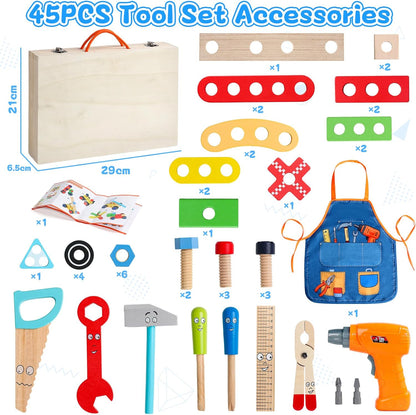 Jouet Enfant 3 Ans - Boite a Outils Enfant Montessori Jeux Enfants 3 Ans avec Perceuse Tablier, 45 Pièces Jouet en Bois Bricolage Jeu de Construction Educatif Cadeau Enfants 3 4 5 Ans Garçon Fille