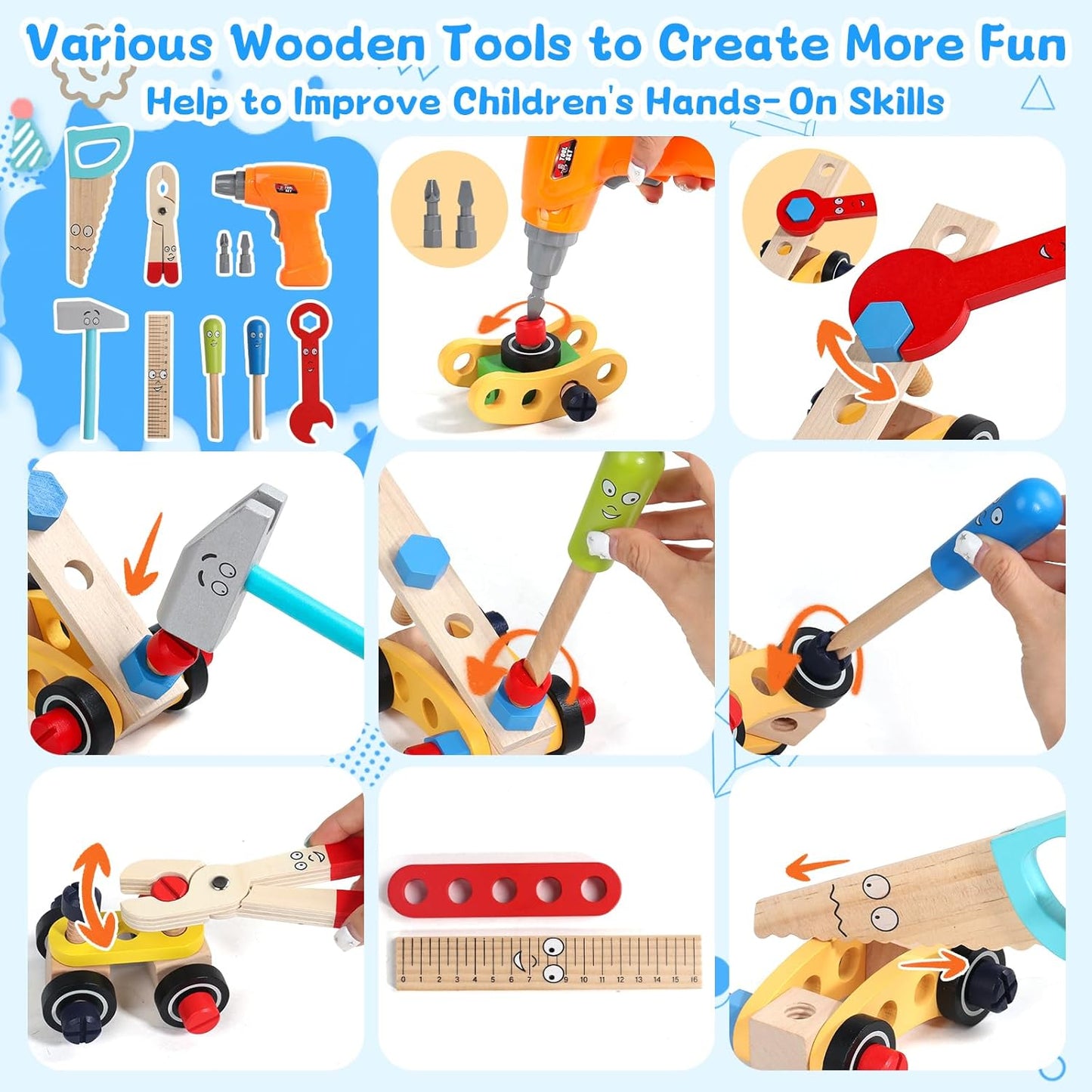Jouet Enfant 3 Ans - Boite a Outils Enfant Montessori Jeux Enfants 3 Ans avec Perceuse Tablier, 45 Pièces Jouet en Bois Bricolage Jeu de Construction Educatif Cadeau Enfants 3 4 5 Ans Garçon Fille