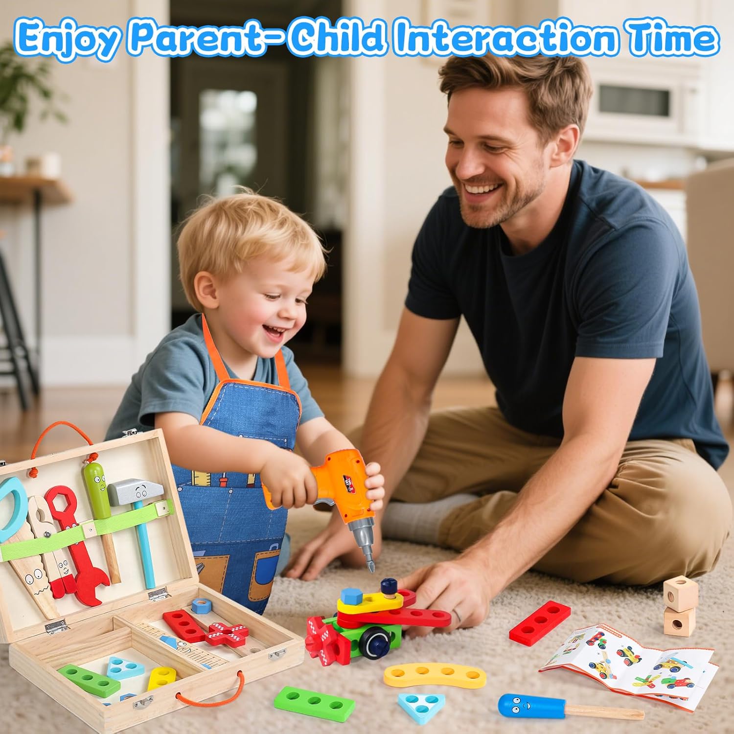 Jouet Enfant 3 Ans - Boite a Outils Enfant Montessori Jeux Enfants 3 Ans avec Perceuse Tablier, 45 Pièces Jouet en Bois Bricolage Jeu de Construction Educatif Cadeau Enfants 3 4 5 Ans Garçon Fille