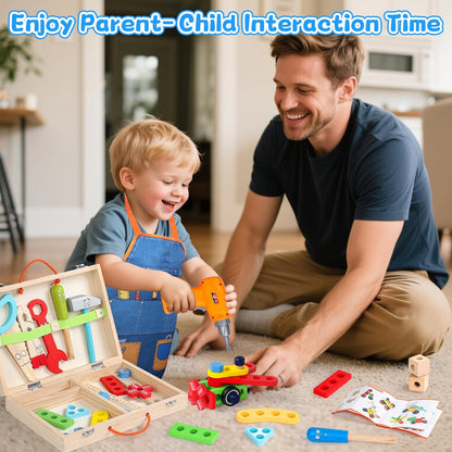 Jouet Enfant 3 Ans - Boite a Outils Enfant Montessori Jeux Enfants 3 Ans avec Perceuse Tablier, 45 Pièces Jouet en Bois Bricolage Jeu de Construction Educatif Cadeau Enfants 3 4 5 Ans Garçon Fille