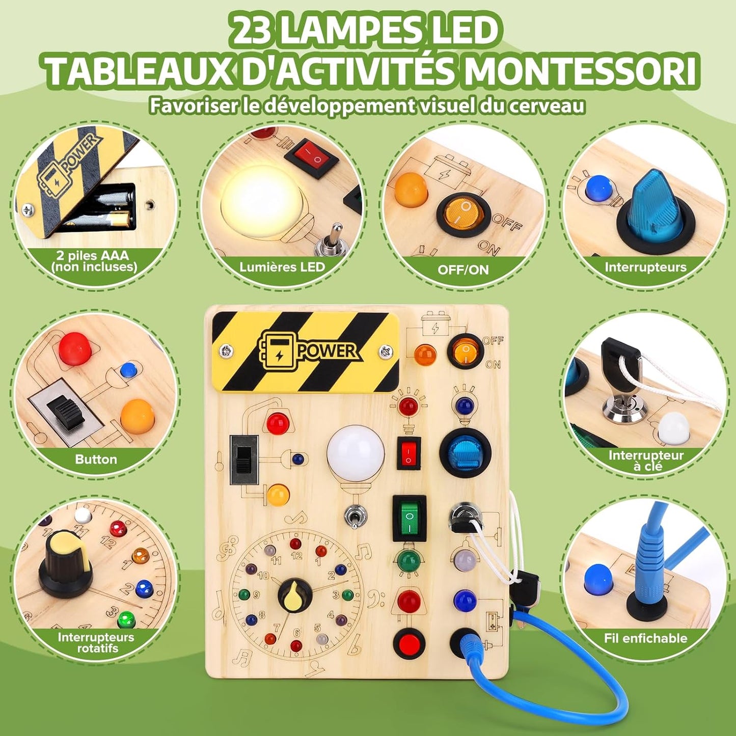 Montessori Busy Board 1 an Enfants Activity Board Jouets en Bois avec 10 Interrupteurs 23 Lumières LED Jouets Sensory Learning Toys Jeux Jeu Montessori Jouet Enfant Bebe 1 2 3 Ans Cadeau Enfant