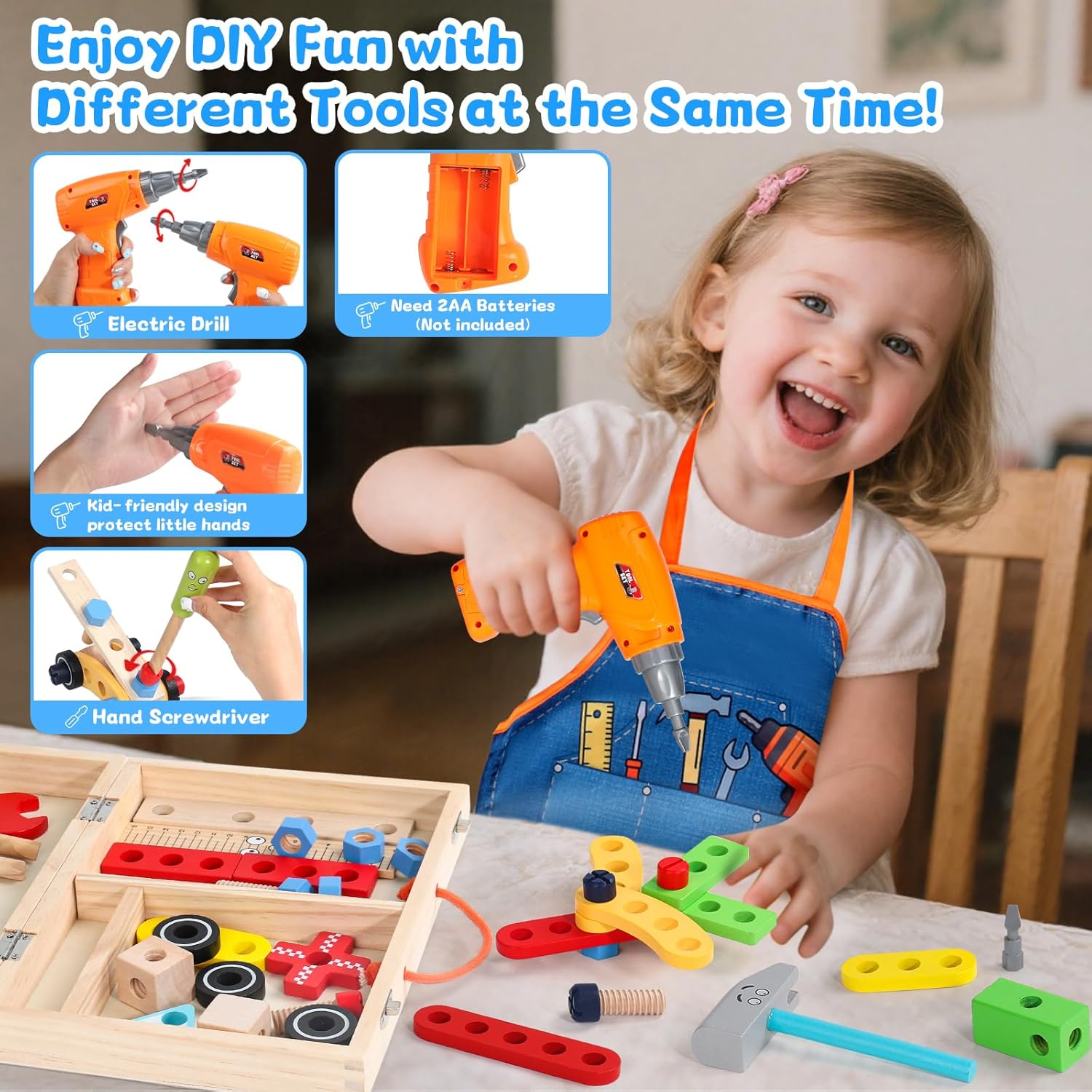 Jouet Enfant 3 Ans - Boite a Outils Enfant Montessori Jeux Enfants 3 Ans avec Perceuse Tablier, 45 Pièces Jouet en Bois Bricolage Jeu de Construction Educatif Cadeau Enfants 3 4 5 Ans Garçon Fille