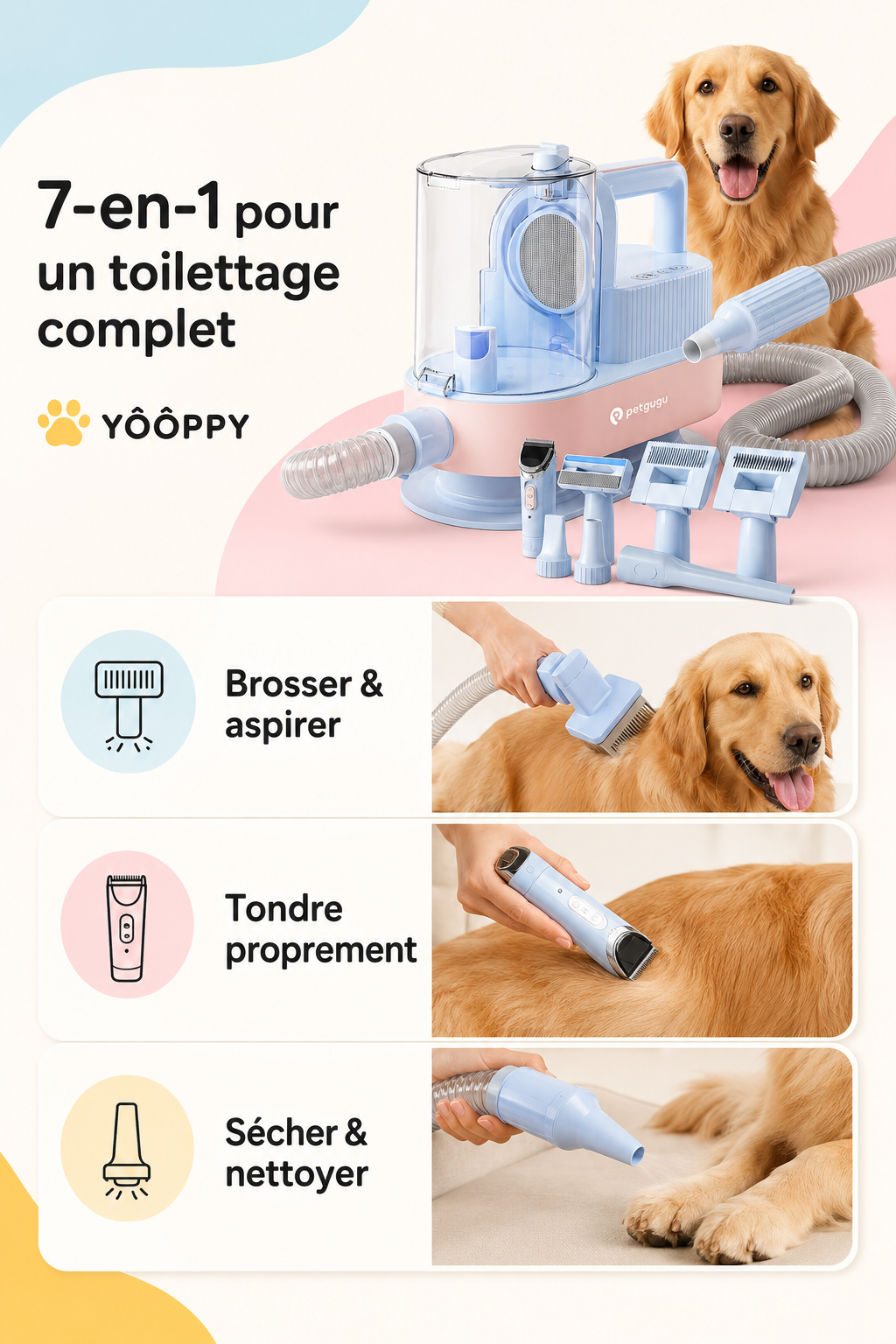 PETGUGU M1 Pro 7-en-1 pour brosser, aspirer, tondre, sécher et nettoyer