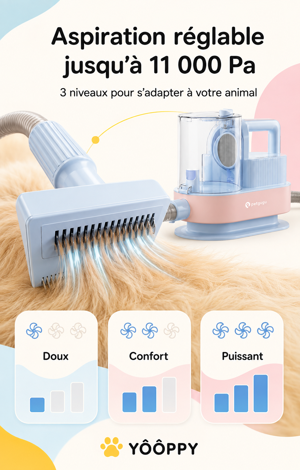 Trois niveaux d’aspiration réglables jusqu’à 11 000 Pa